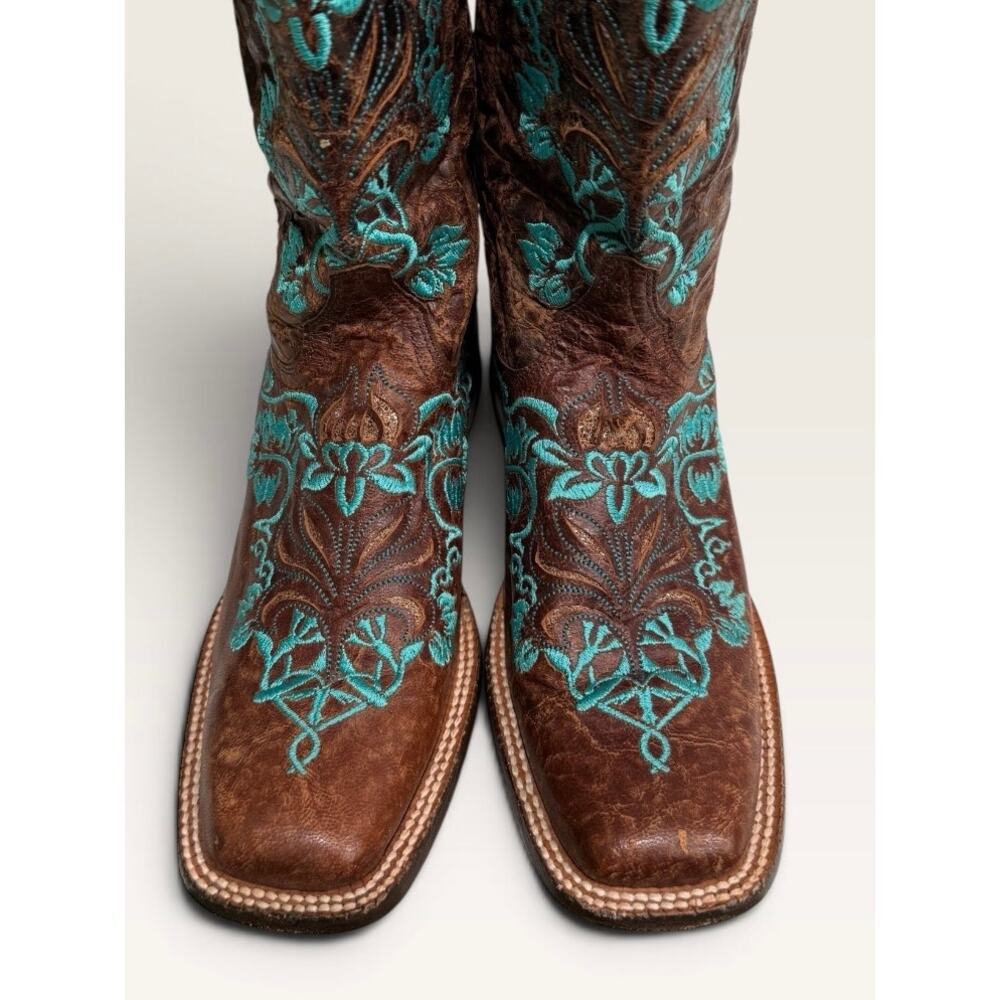 Cavender’s Women’s Brown Leather Turquoise Floral Embroidered Cowboy Boots 8M - Picture 8 of 12